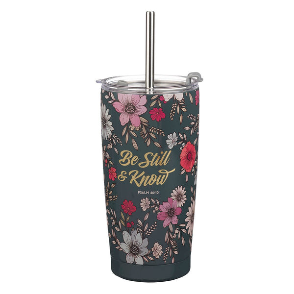 Be Still Teal Botanical Stainless Steel Tumbler With Reusable Straw - Psalm 46:10