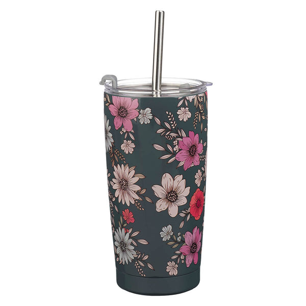 Be Still Teal Botanical Stainless Steel Tumbler With Reusable Straw - Psalm 46:10