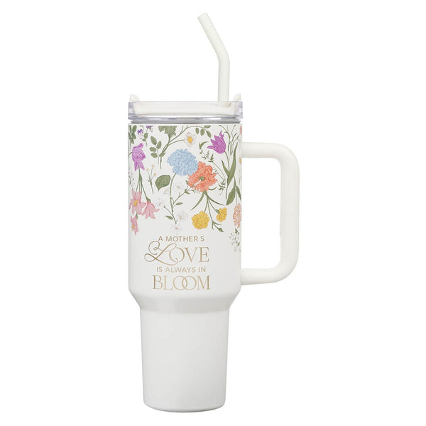 Grace White Wildflower 40 oz Stainless Steel Tumbler with Straw - 2 Corinthians 12:9 - KI Gifts Christian Supplies