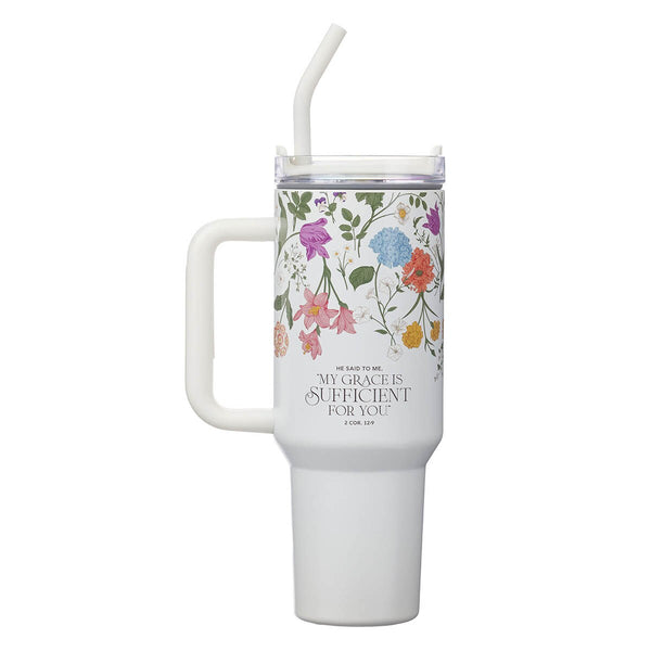 Grace White Wildflower 40 oz Stainless Steel Tumbler with Straw - 2 Corinthians 12:9