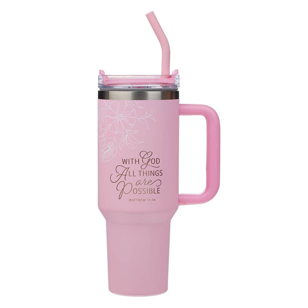 Things Are Possible Pink Poppy Stainless Steel Tumbler with Straw - Matthew 19:26
