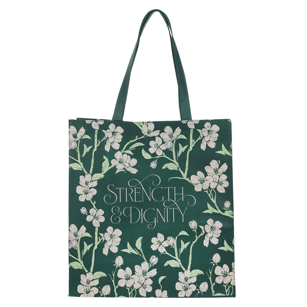 Strength and Dignity Green Floral Reusable Non-woven Shopping Tote Bag - Proverbs 31:25