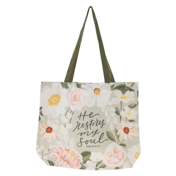 He Restores My Soul Green Floral Garden Tote Bag - Psalm 23:3 - KI Gifts Christian Supplies