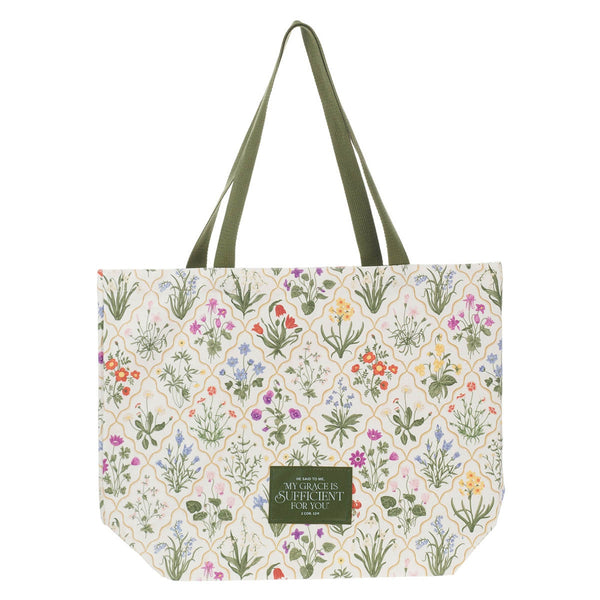 My Grace is Sufficient Floral Tapestry Canvas Tote Bag - KI Gifts Christian Supplies