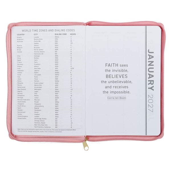2027 Walk by Faith Pink Faux Leather Executive Planner with Zipper Closure - 2 Corinthians 5:7