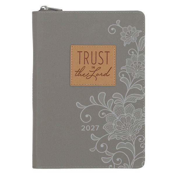 2027 Trust in the Lord Soft Gray Faux Leather Executive Planner with Zipper Closure - Proverbs 3:5