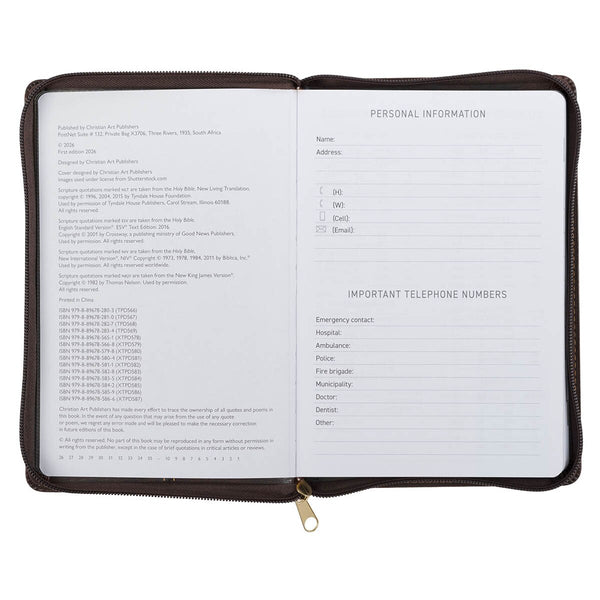 2027 A Man's Heart Smoked Walnut Faux Leather Executive Planner with Zipper Closure - Proverbs 16:9