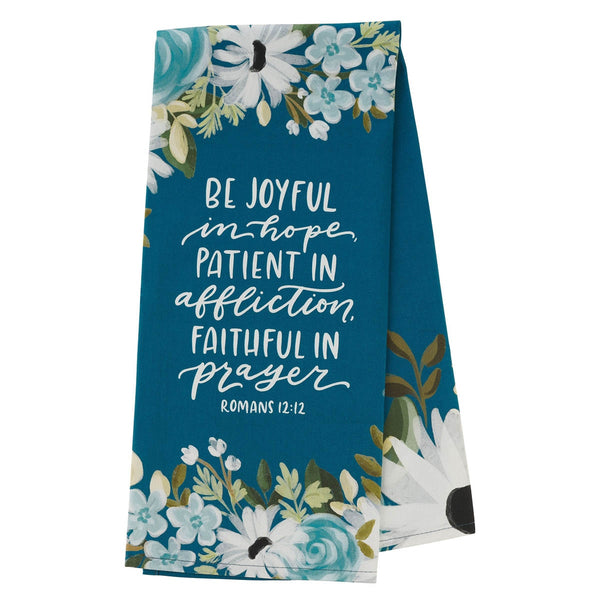 Be Joyful Blue Floral Cotton Tea Towel - Romans 12:12 - KI Gifts Christian Supplies