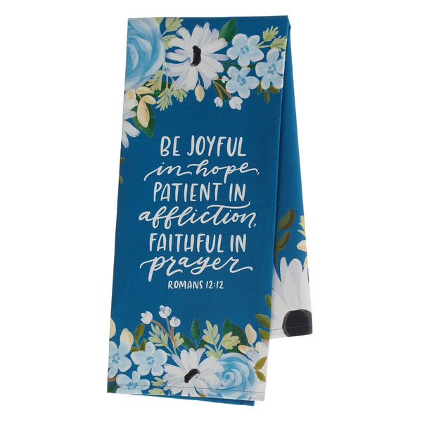 Be Joyful Blue Floral Cotton Tea Towel - Romans 12:12