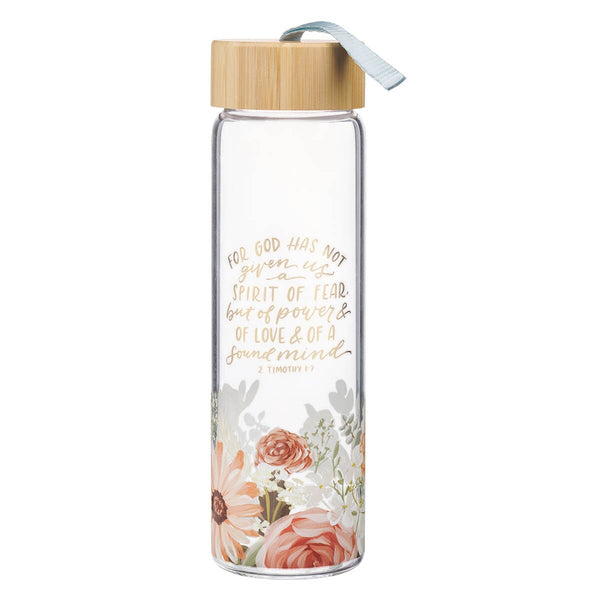 No Fear Pink Floral Glass Water Bottle with Bamboo Lid - 2 Timothy 1:7