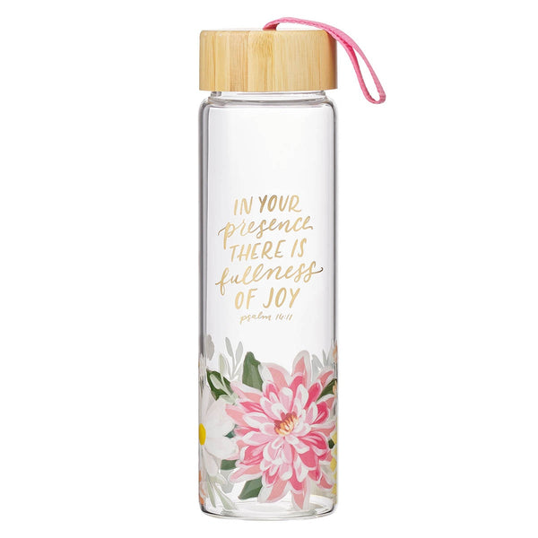 Fullness of Joy Pink Floral Glass Water Bottle with Bamboo Lid - Psalm 16:11 - KI Gifts Christian Supplies