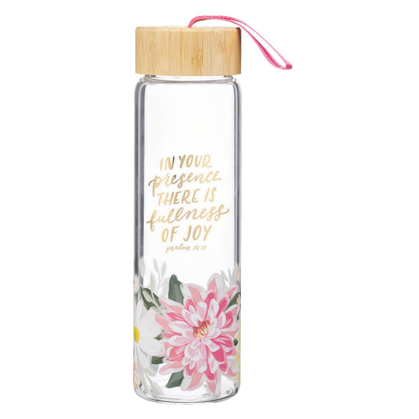 Fullness of Joy Pink Floral Glass Water Bottle with Bamboo Lid - Psalm 16:11