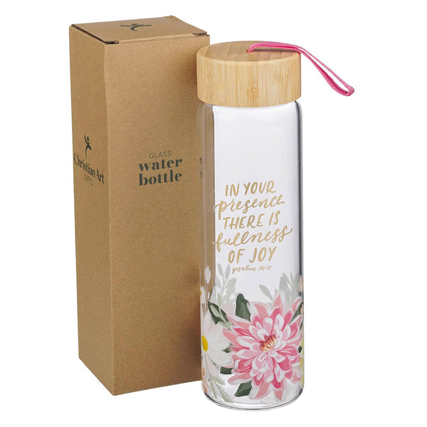 Fullness of Joy Pink Floral Glass Water Bottle with Bamboo Lid - Psalm 16:11