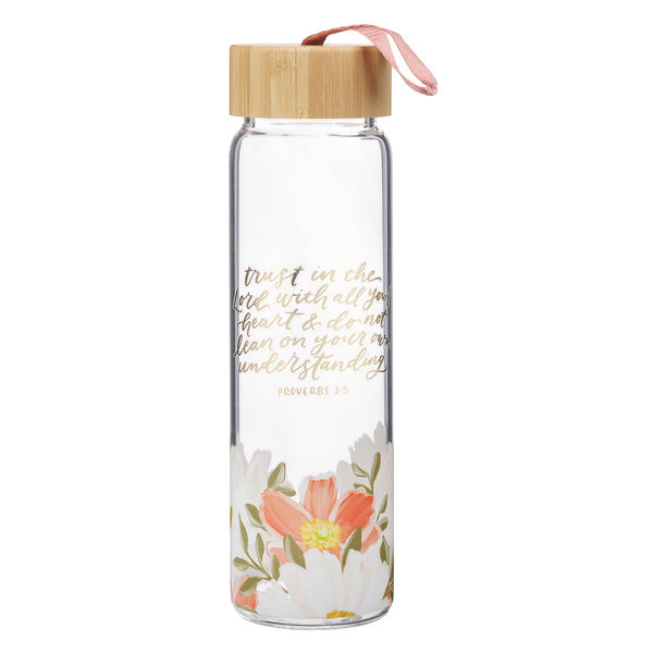 Trust in the Lord Orange Floral Glass Water Bottle with Bamboo Lid - Proverbs 3:5