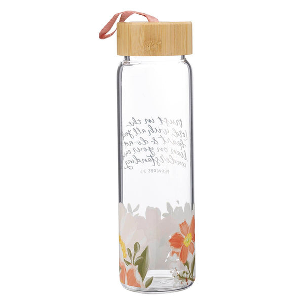 Trust in the Lord Orange Floral Glass Water Bottle with Bamboo Lid - Proverbs 3:5