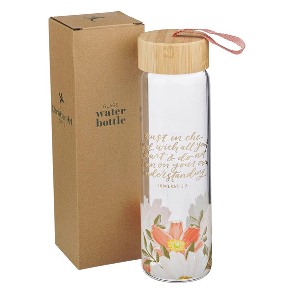 Trust in the Lord Orange Floral Glass Water Bottle with Bamboo Lid - Proverbs 3:5