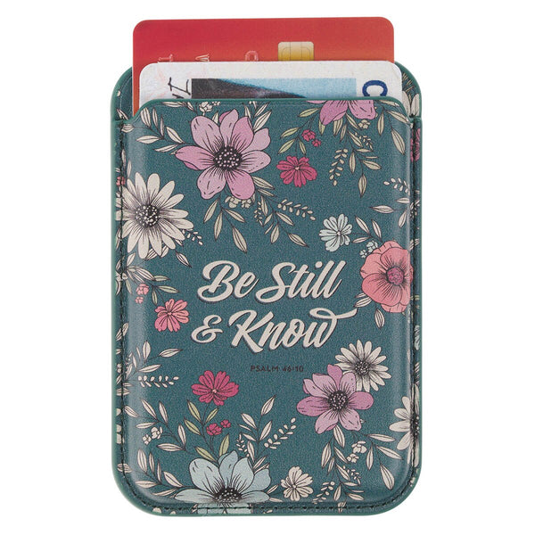 Be Still Teal Faux Leather Botanical Phone Wallet - Psalm 46:10