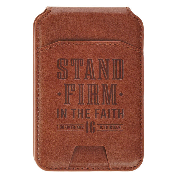 Stand Firm Honey-brown Faux Leather Phone Wallet with Stand - 1 Corinthians 16:13