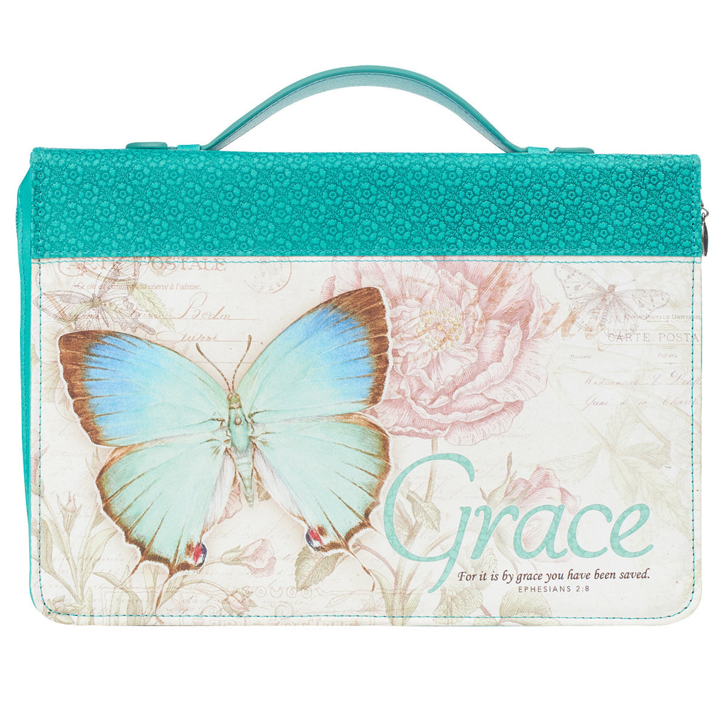 Faux Leather Fashion Bible Cover - Grace Butterfly Blessings Teal Ephesians 2:8