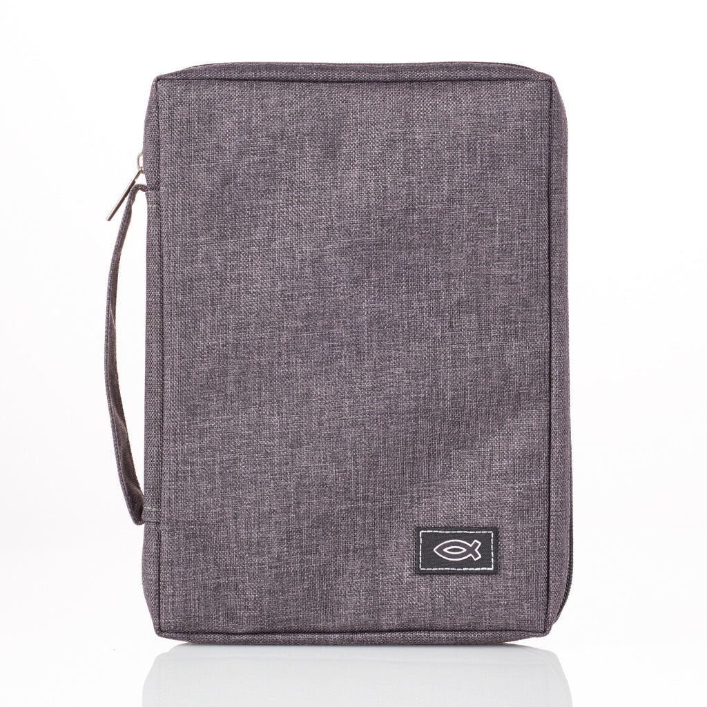 Bible Cover with Ichthus Fish Badge Gray Poly-canvas