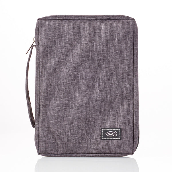 Bible Cover with Ichthus Fish Badge Gray Poly-canvas