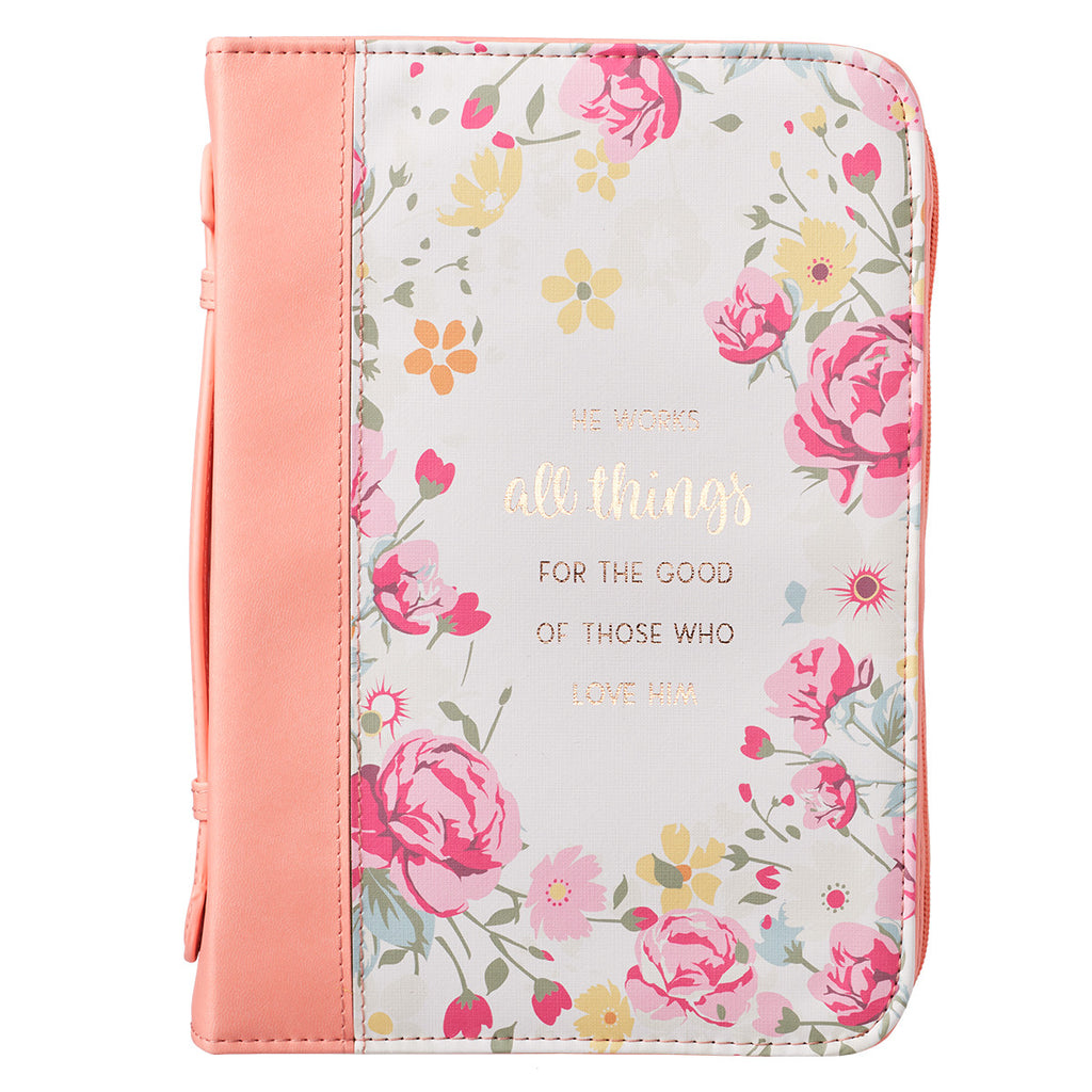 He Works All Things for Good Faux Leather Bible Cover - Romans 8:28