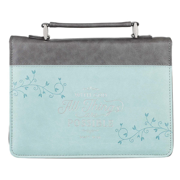 Classic Faux Leather Bible Cover in Light Blue - All Things Are Possible Matthew 19:26