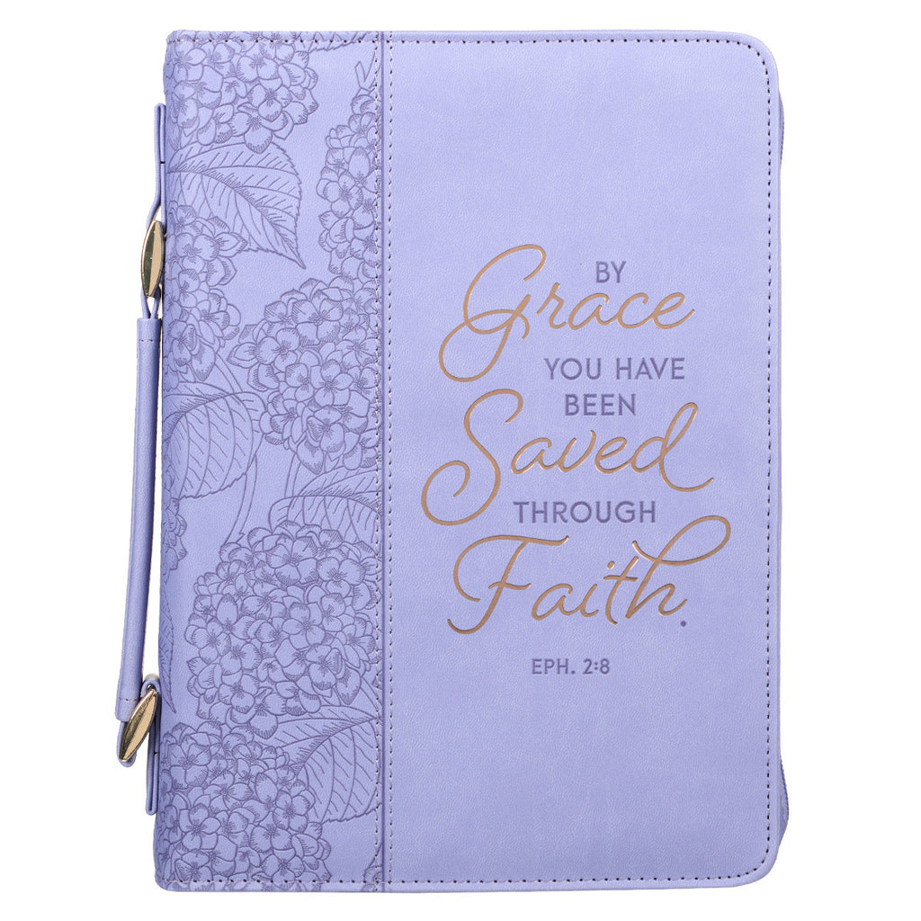 Saved by Grace Hydrangea Lilac Purple Faux Leather Fashion Bible Cover - Ephesians 2:8