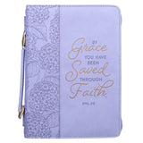 Saved by Grace Hydrangea Lilac Purple Faux Leather Fashion Bible Cover - Ephesians 2:8