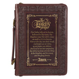 The LORD's Prayer Walnut and Burgundy Faux Leather Classic Bible Cover - Matthew 6: 9-13