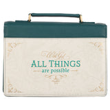 All Things are Possible Teal Tourmaline Faux Leather Fashion Bible Cover - Matthew 6:19