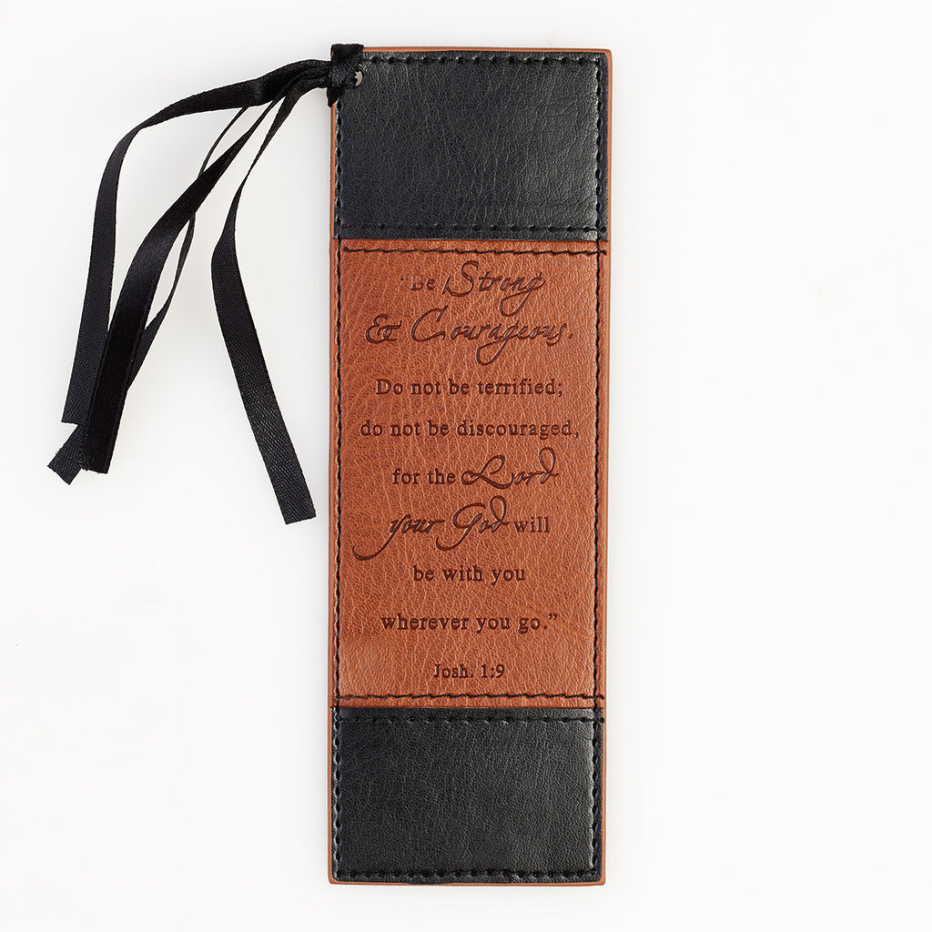 LuxLeather Pagemarker - Strong & Courageous Black and Tan Joshua 1:9