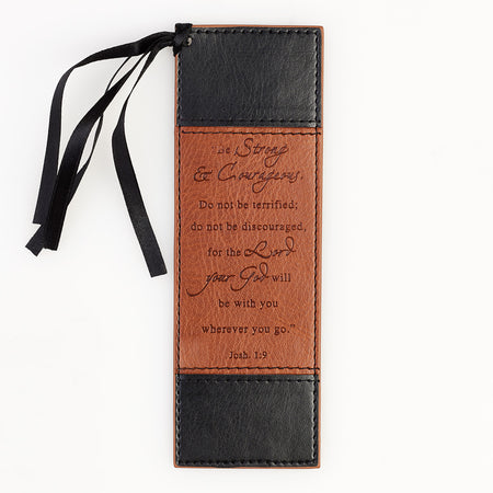 Be Strong and Courageous Butterscotch and Navy Faux Leather Bookmark - Joshua 1:9