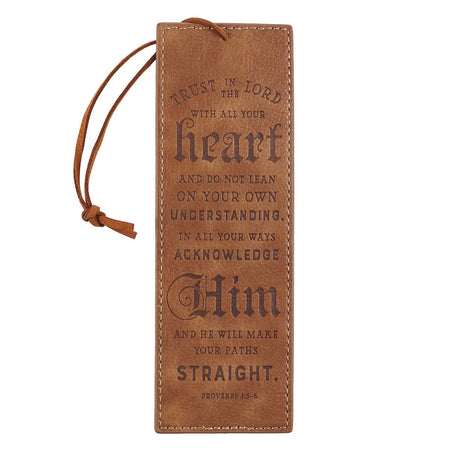 Be Strong and Courageous Butterscotch and Navy Faux Leather Bookmark - Joshua 1:9