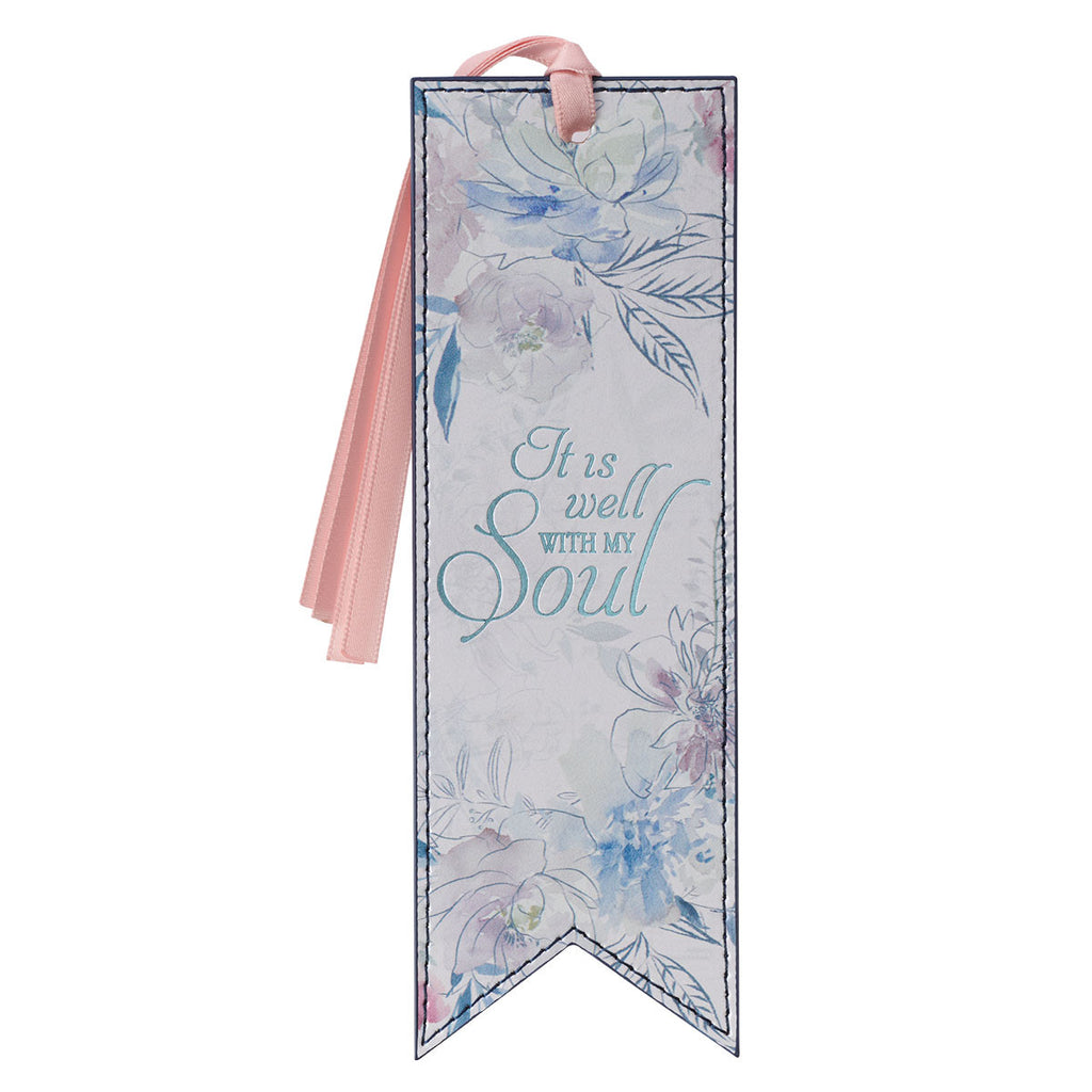 Faux Leather Bookmark - It is Well Hymn Watercolor Floral