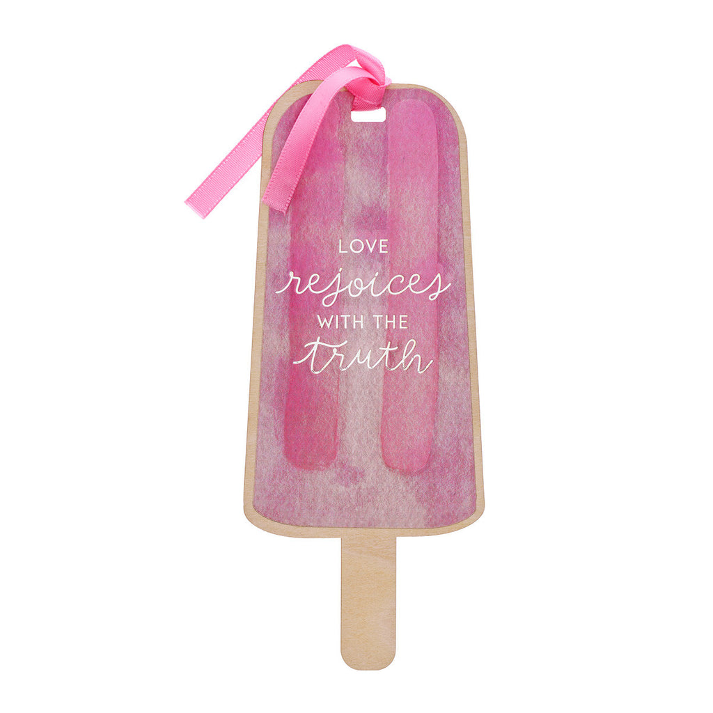 Premium Bookmark - Love Rejoices Strawberry Pink Popsicle Wood Bookmark - 1 Corinthians 13:6
