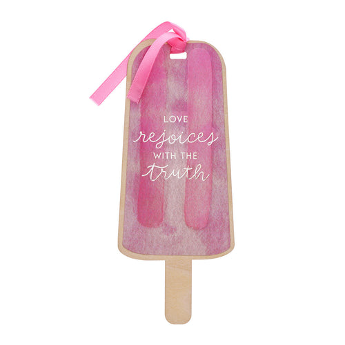 Premium Bookmark - Love Rejoices Strawberry Pink Popsicle Wood Bookmark - 1 Corinthians 13:6