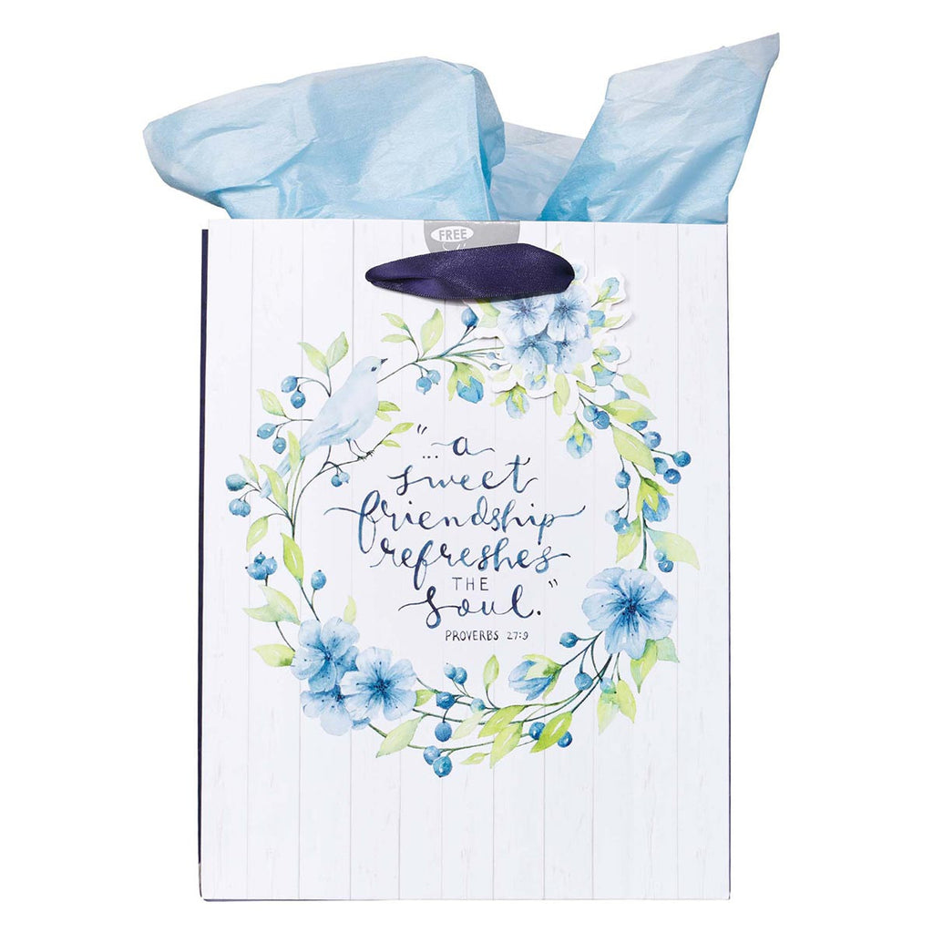 Medium Gift Bag in White and Blue with Tissue Paper - A Sweet friendship Proverbs 27:9