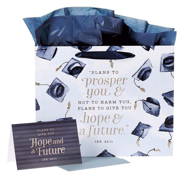 Large Blue Gift Bag Set for Graduates with Card and Envelope - Hope & a Future Jeremiah 29:11