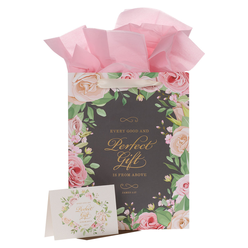 Perfect Gift Pink Rose Large Portrait Gift Bag with Card – James 1:17