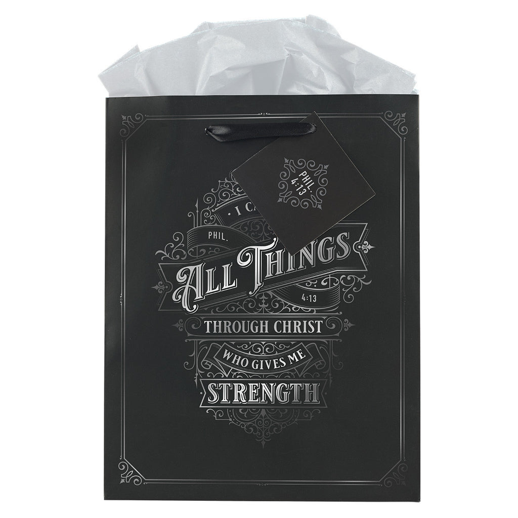 Through Christ Black and Silver Medium Gift Bag - Philippians 4:13