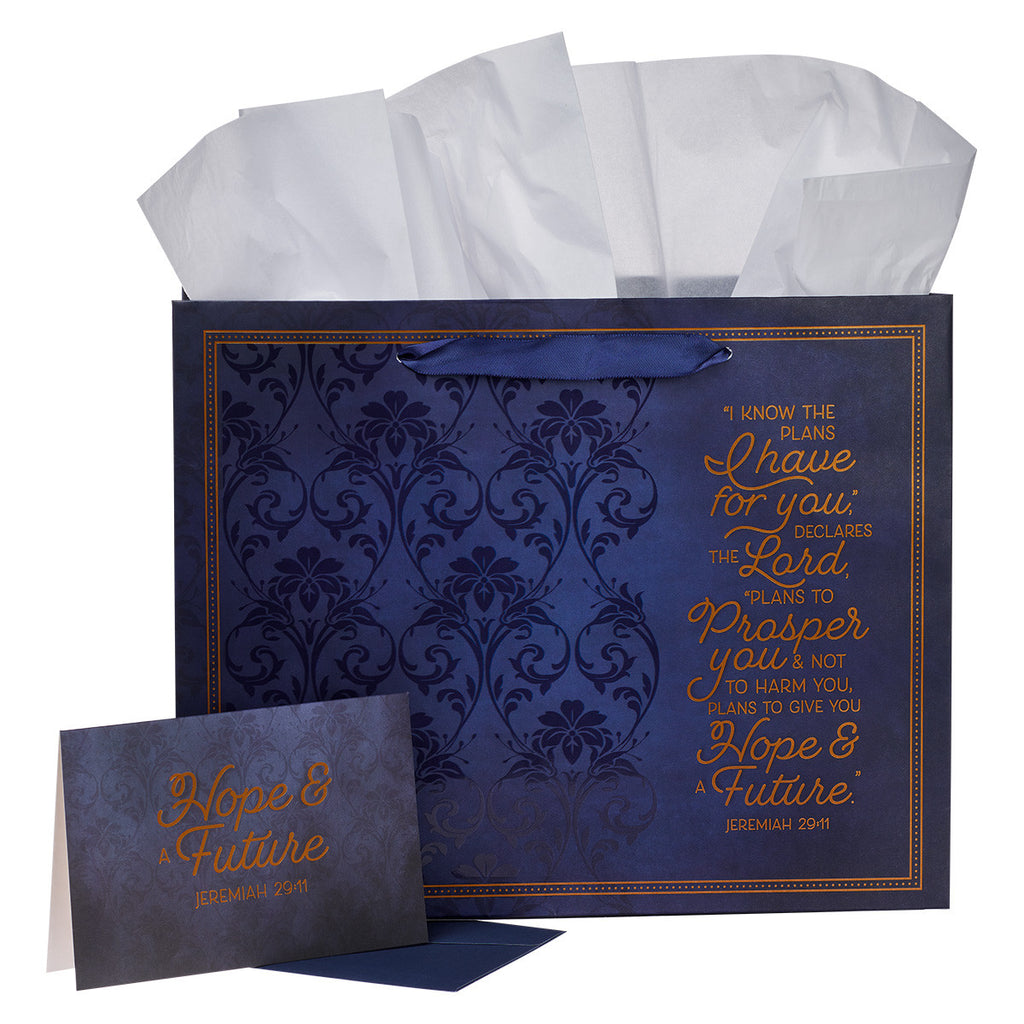 I Know The Plans Blue Floral Trellis Large Landscape Gift Bag with Card - Jeremiah 29:11