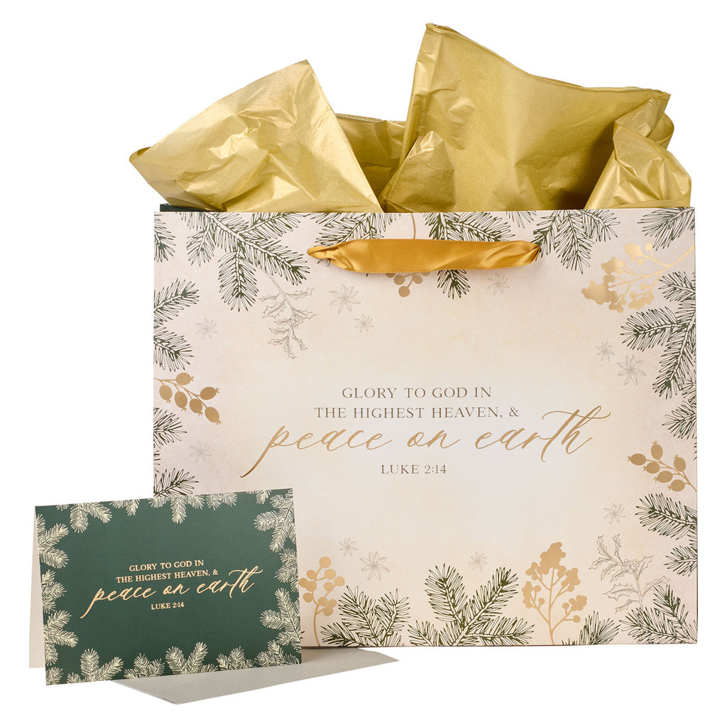 Glory to God Green Pines Large Landscape Christmas Gift Bag with Card - Luke 2:14