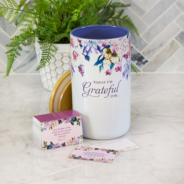 Today I'm Grateful For Purple Floral Ceramic Gratitude Jar with Cards