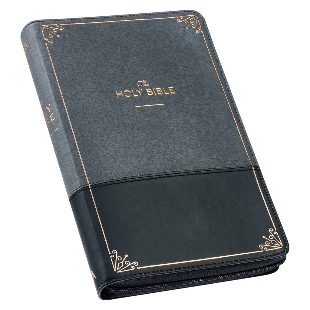 Gray and Black Faux Leather KJV Deluxe Gift Bible with Thumb Index and Zippered Closure