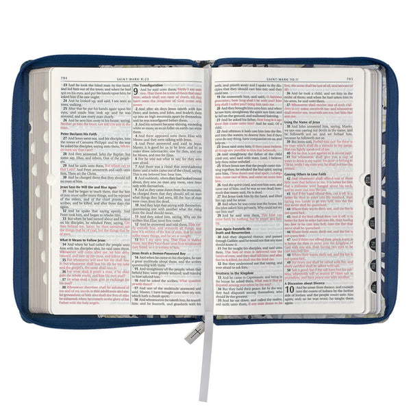 Blue Pearlized Floral Faux Leather Large Print Thinline K J V Bible with Zippered Closure and Thumb Index