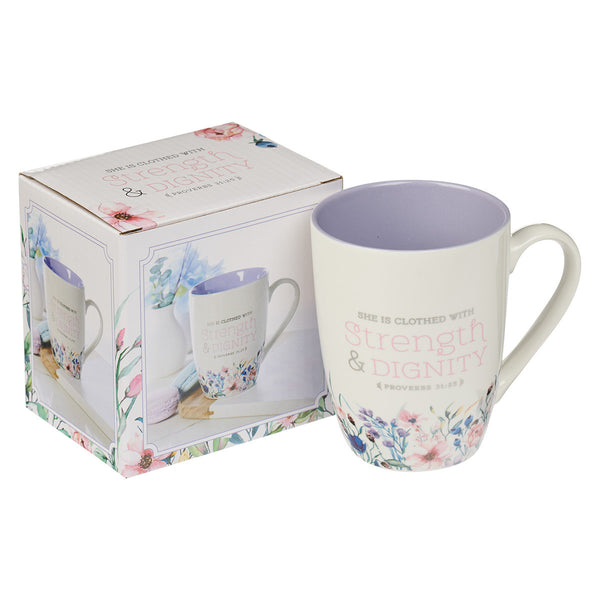 Strength & Dignity Purple Floral Ceramic Coffee Mug - Proverbs 31:25