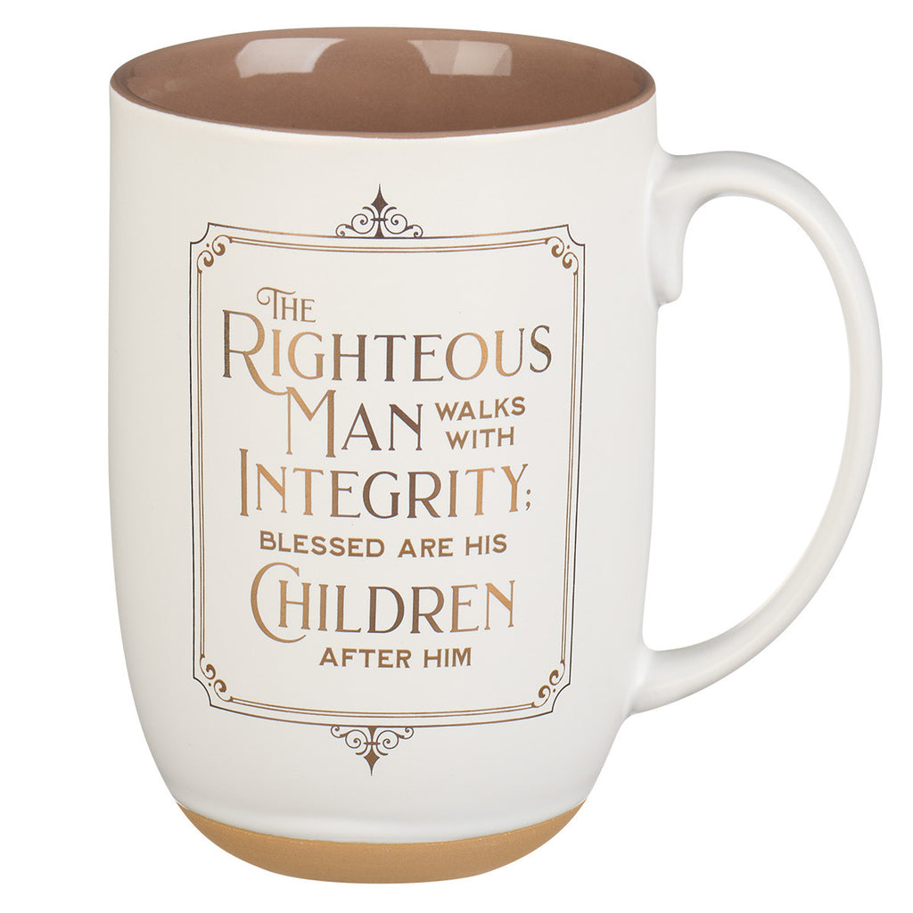 Righteous Man White and Gold Ceramic Coffee Mug with Exposed Clay Base - Proverbs 20:7