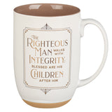 Righteous Man White and Gold Ceramic Coffee Mug with Exposed Clay Base - Proverbs 20:7