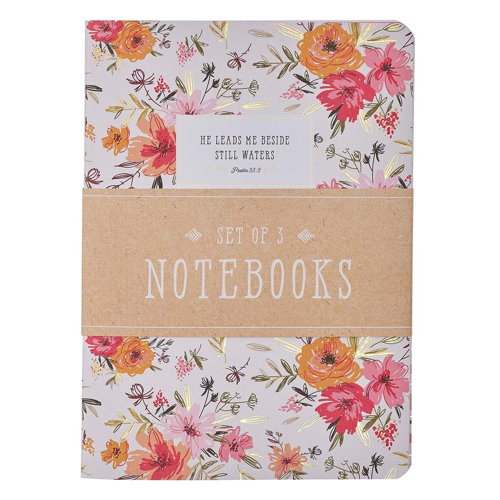 Large Notebook Set - He Leads Me Pink Floral Psalm 23:2